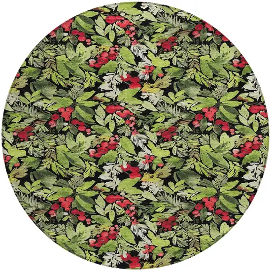 8' Black Green And Red Round Botanical Leaves Washable Indoor Outdoor Area Rug Photo 3