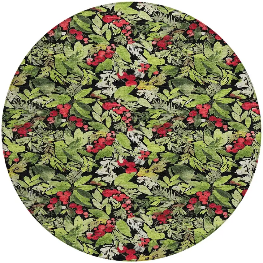 8' Black Green And Red Round Botanical Leaves Washable Indoor Outdoor Area Rug Photo 3