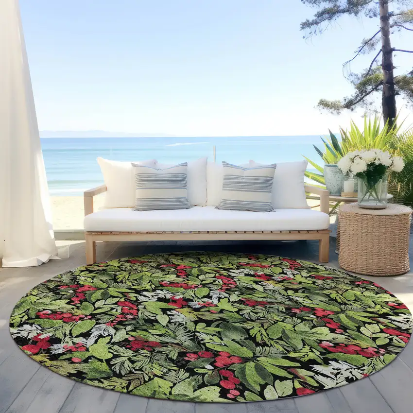 8' Black Green And Red Round Botanical Leaves Washable Indoor Outdoor Area Rug Photo 5