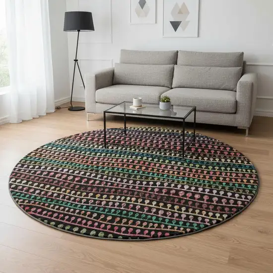 8' Black Green And Red Striped Washable Round Rug With UV Protection Photo 2