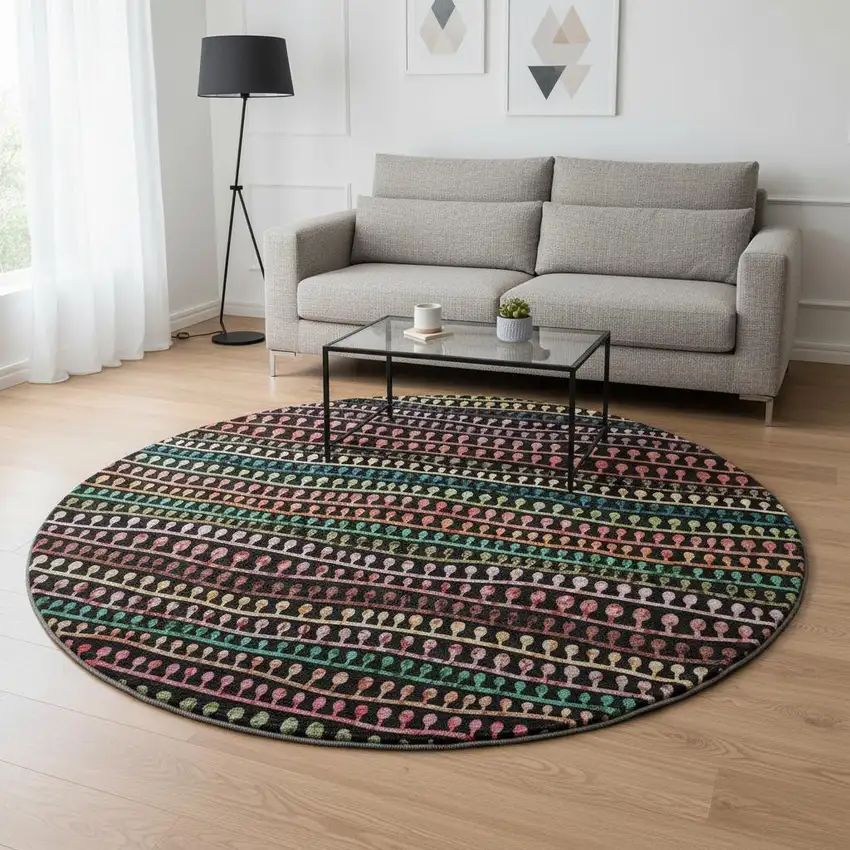 8' Black Green And Red Striped Washable Round Rug With UV Protection Photo 2