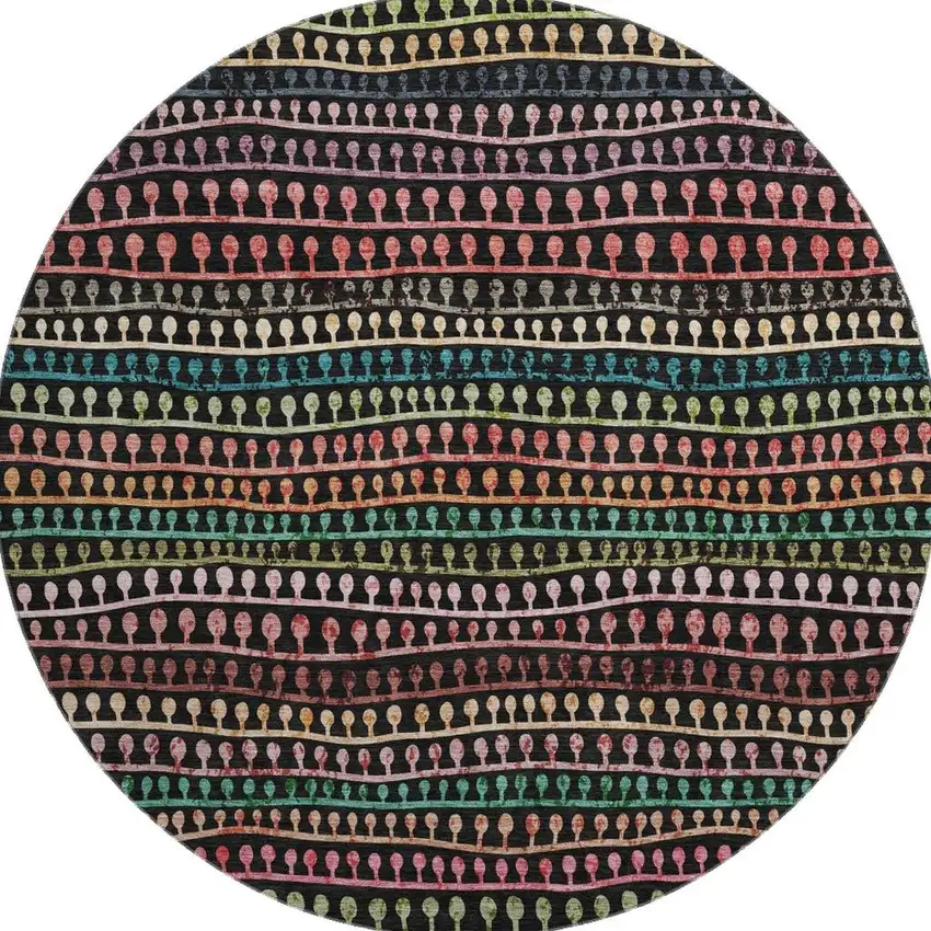 8' Black Green And Red Striped Washable Round Rug With UV Protection Photo 4