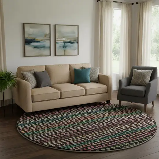 8' Black Green And Red Striped Washable Round Rug With UV Protection Photo 1