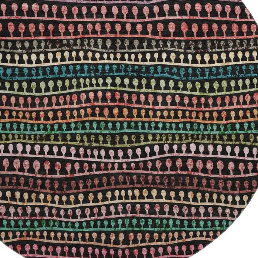 8' Black Green And Red Striped Washable Round Rug With UV Protection Photo 3