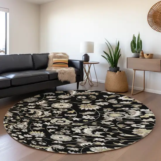 8' Black Ivory And Beige Floral Washable Round Rug With UV Protection Photo 4