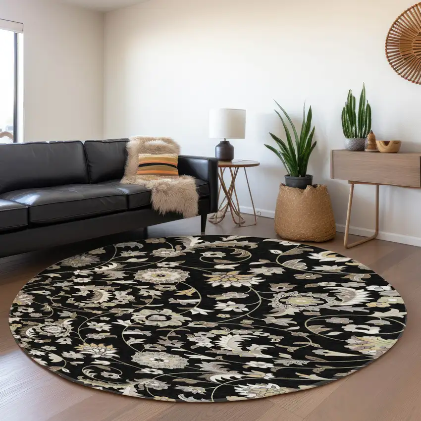 8' Black Ivory And Beige Floral Washable Round Rug With UV Protection Photo 4