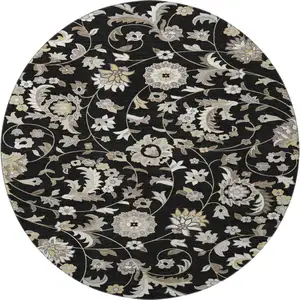 Photo of 8' Black Ivory And Beige Floral Washable Round Rug With UV Protection