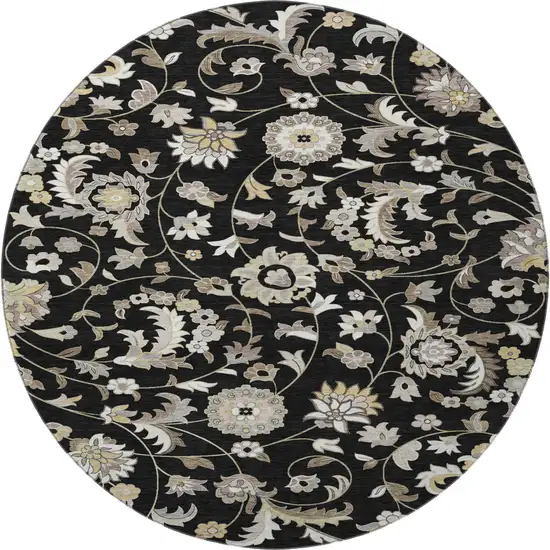 8' Black Ivory And Beige Floral Washable Round Rug With UV Protection Photo 3