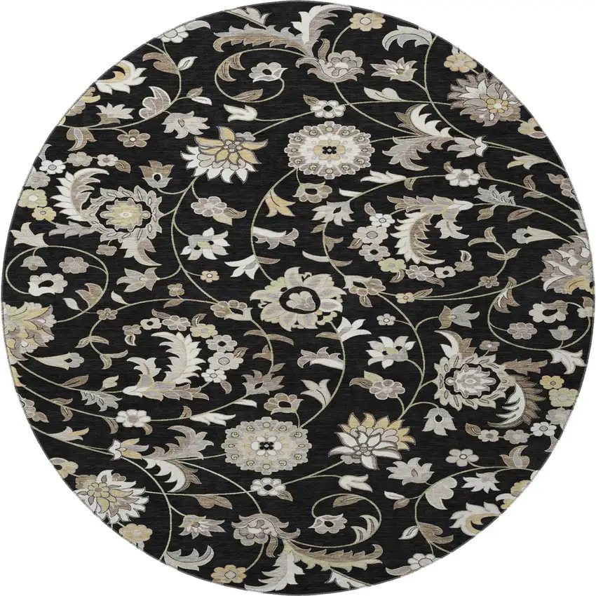 8' Black Ivory And Beige Floral Washable Round Rug With UV Protection Photo 3