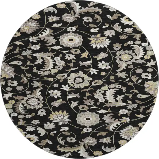 8' Black Ivory And Beige Floral Washable Round Rug With UV Protection Photo 1