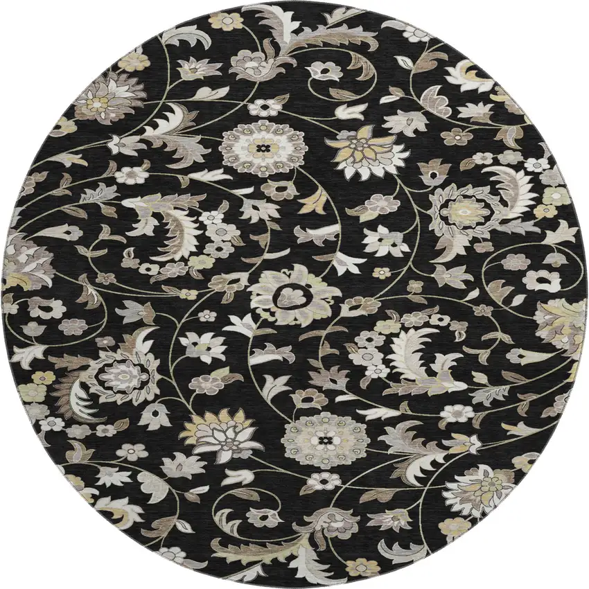 8' Black Ivory And Beige Floral Washable Round Rug With UV Protection Photo 1
