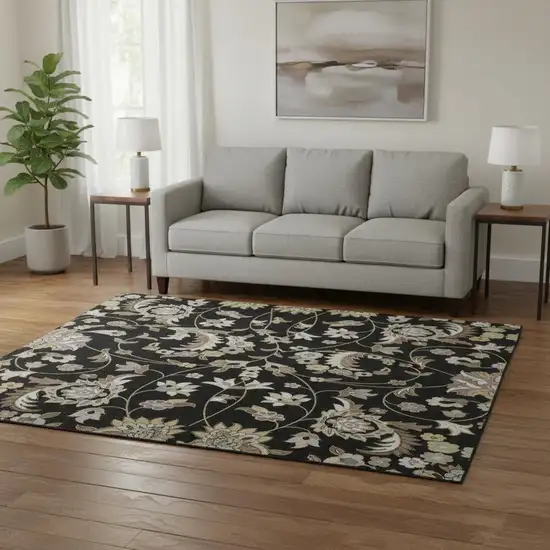 8' Black Ivory And Beige Floral Washable Round Rug With UV Protection Photo 2