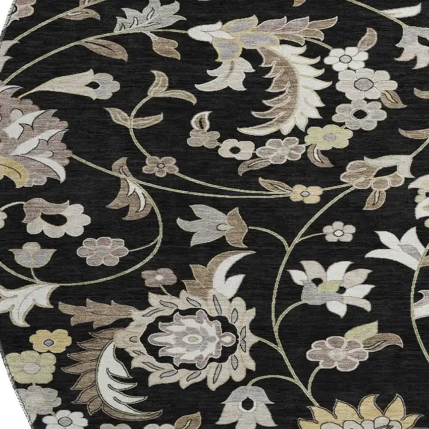8' Black Ivory And Beige Floral Washable Round Rug With UV Protection Photo 2