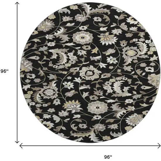 8' Black Ivory And Beige Floral Washable Round Rug With UV Protection Photo 9