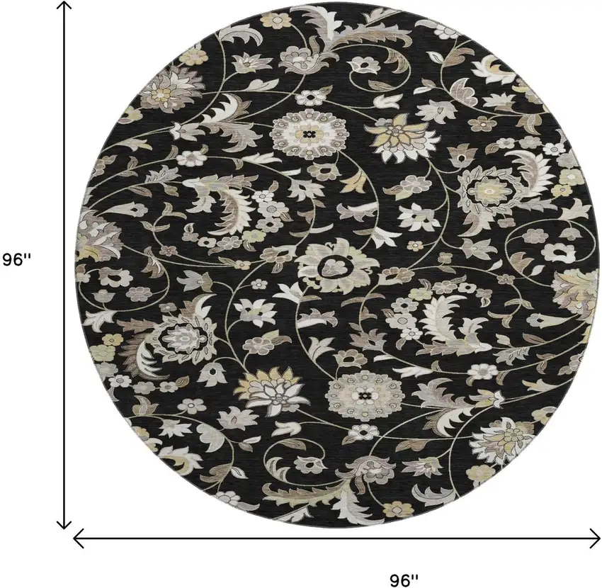 8' Black Ivory And Beige Floral Washable Round Rug With UV Protection Photo 9