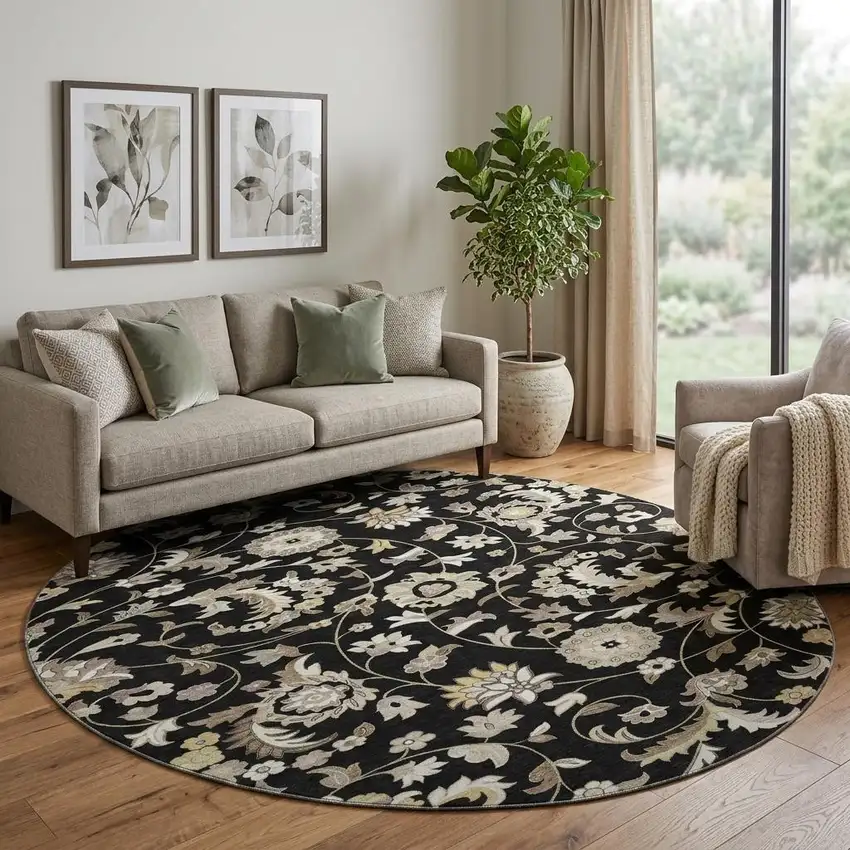 8' Black Ivory And Beige Floral Washable Round Rug With UV Protection Photo 1