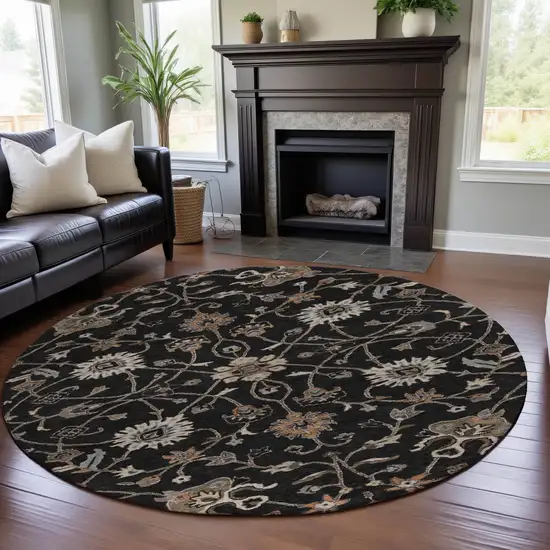 8' Black Ivory And Beige Floral Washable Round Rug With UV Protection Photo 4
