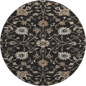 Photo of 8' Black Ivory And Beige Floral Washable Round Rug With UV Protection