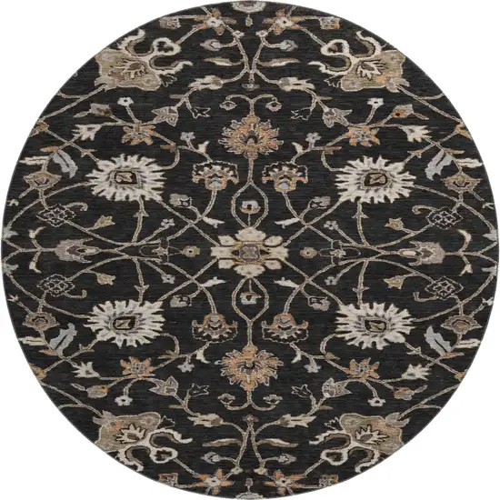 8' Black Ivory And Beige Floral Washable Round Rug With UV Protection Photo 1