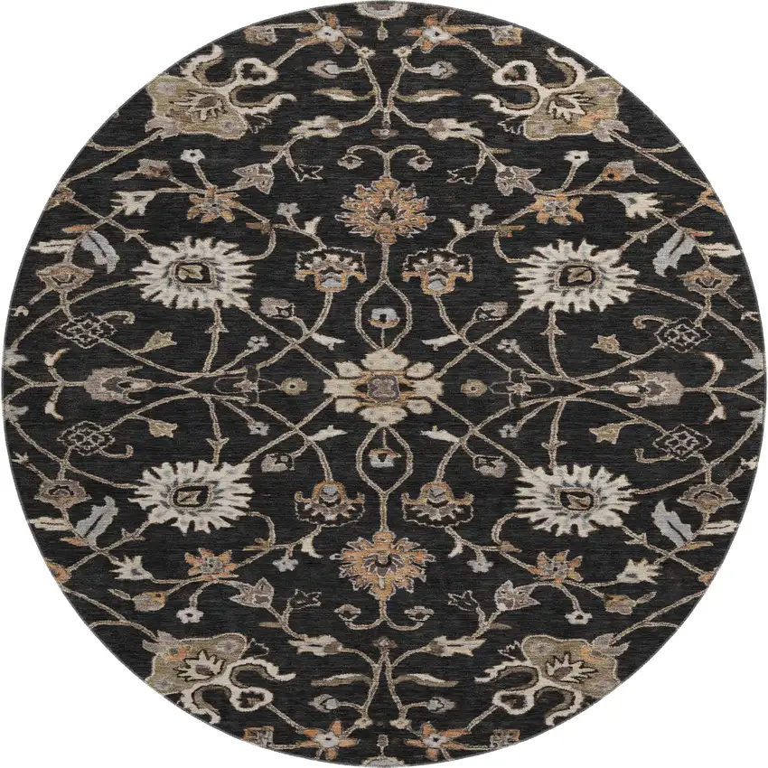 8' Black Ivory And Beige Floral Washable Round Rug With UV Protection Photo 1