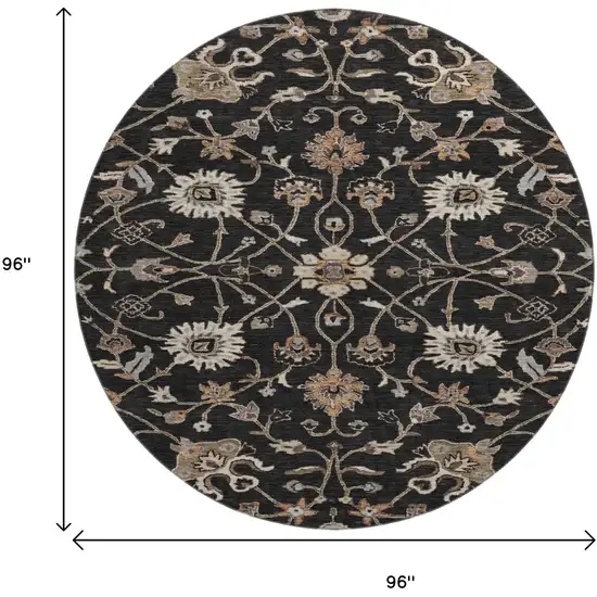 8' Black Ivory And Beige Floral Washable Round Rug With UV Protection Photo 9