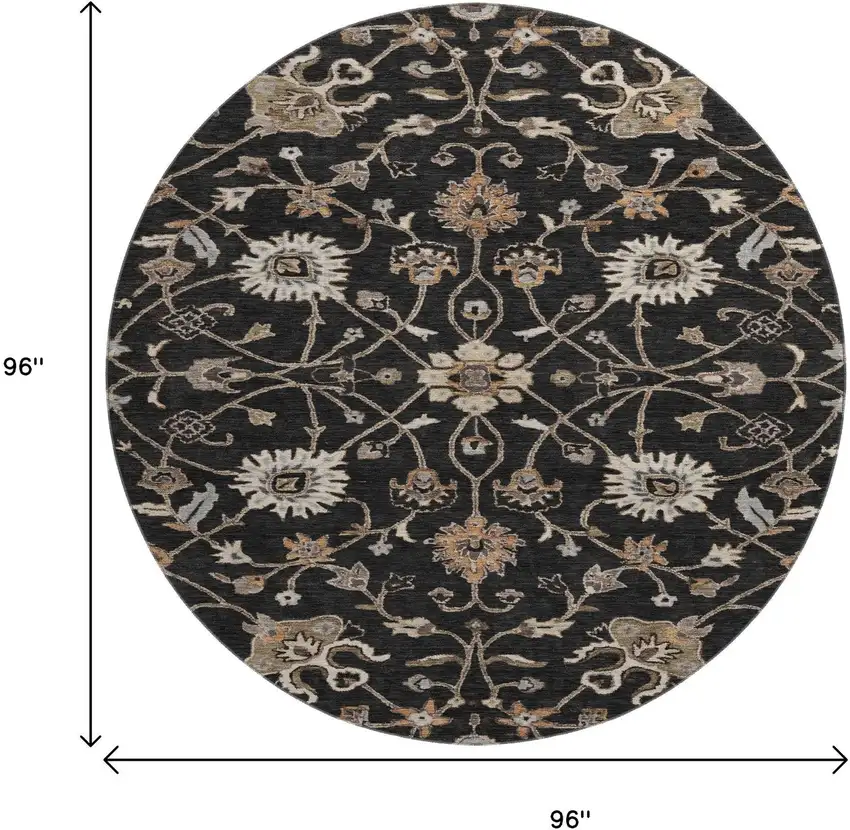 8' Black Ivory And Beige Floral Washable Round Rug With UV Protection Photo 9