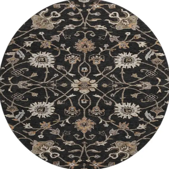 8' Black Ivory And Beige Floral Washable Round Rug With UV Protection Photo 3