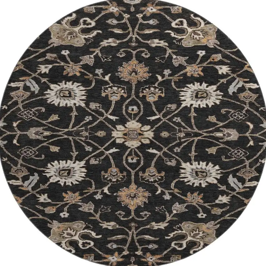 8' Black Ivory And Beige Floral Washable Round Rug With UV Protection Photo 3