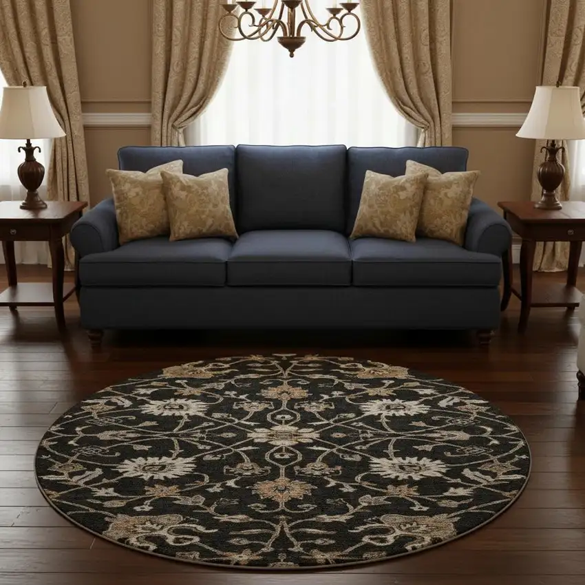 8' Black Ivory And Beige Floral Washable Round Rug With UV Protection Photo 2