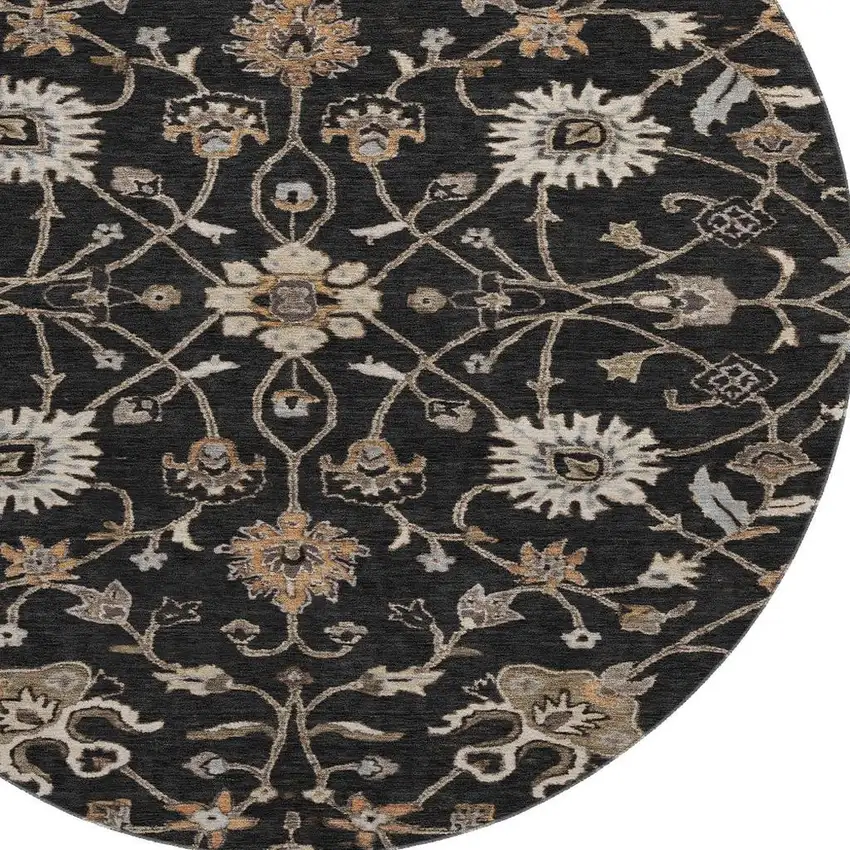 8' Black Ivory And Beige Floral Washable Round Rug With UV Protection Photo 2