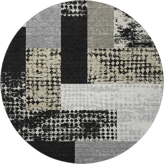 8' Black Ivory And Beige Geometric Washable Round Rug With UV Protection Photo 3
