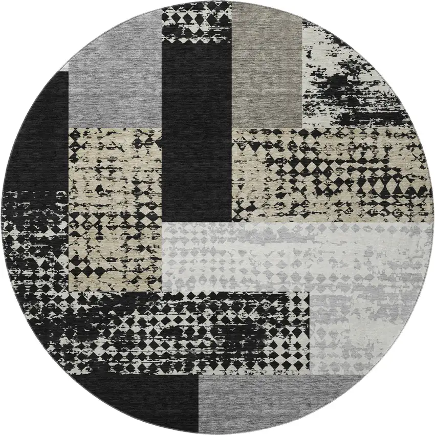 8' Black Ivory And Beige Geometric Washable Round Rug With UV Protection Photo 3