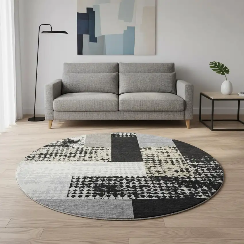 8' Black Ivory And Beige Geometric Washable Round Rug With UV Protection Photo 2