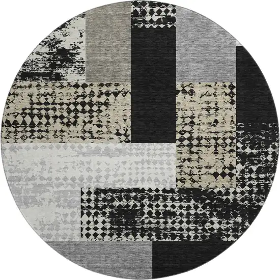 8' Black Ivory And Beige Geometric Washable Round Rug With UV Protection Photo 1