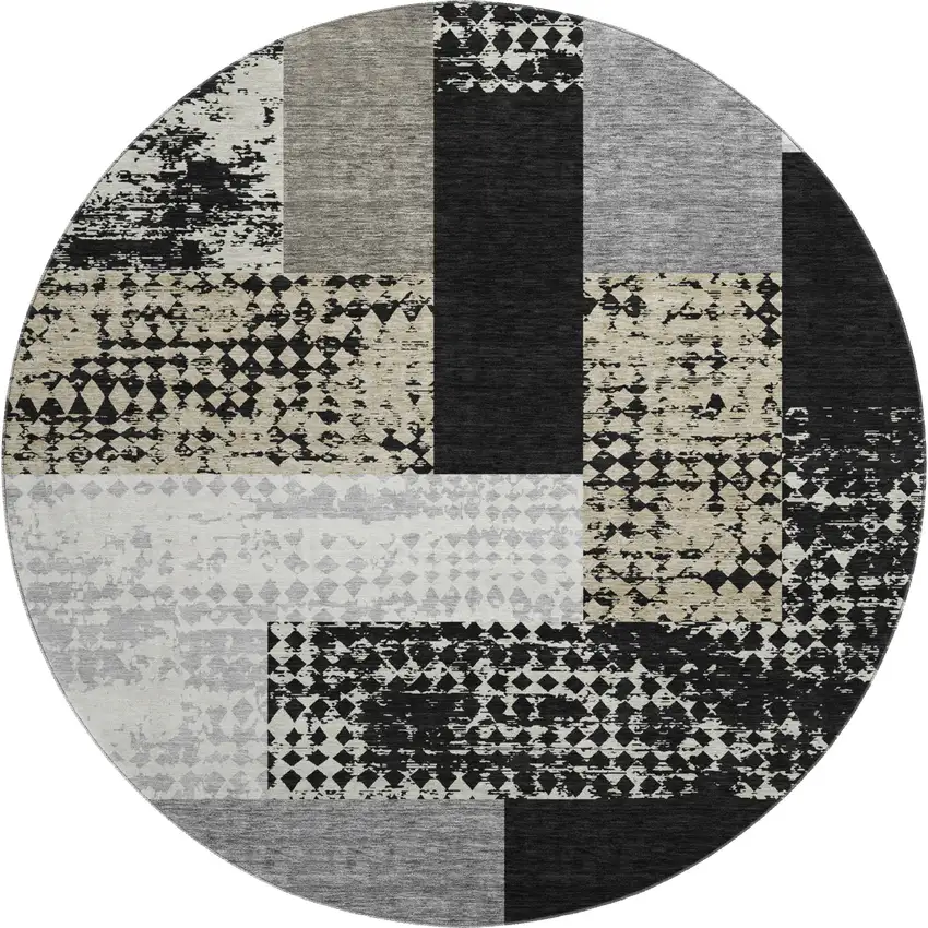 8' Black Ivory And Beige Geometric Washable Round Rug With UV Protection Photo 1