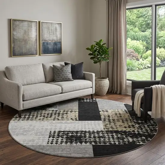 8' Black Ivory And Beige Geometric Washable Round Rug With UV Protection Photo 1