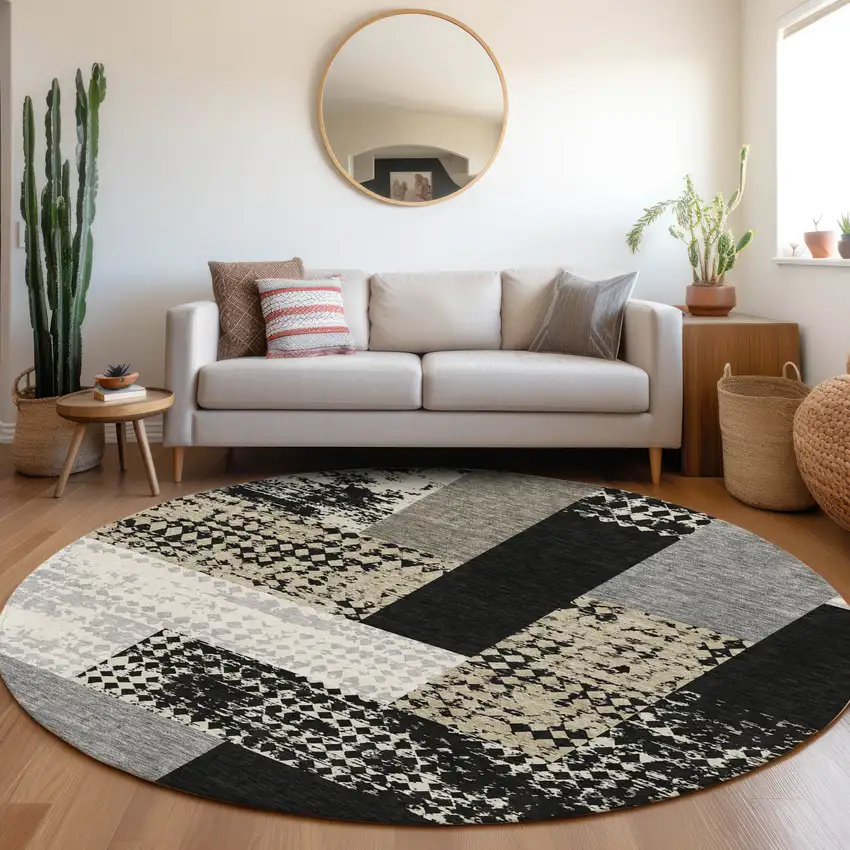 8' Black Ivory And Beige Geometric Washable Round Rug With UV Protection Photo 4