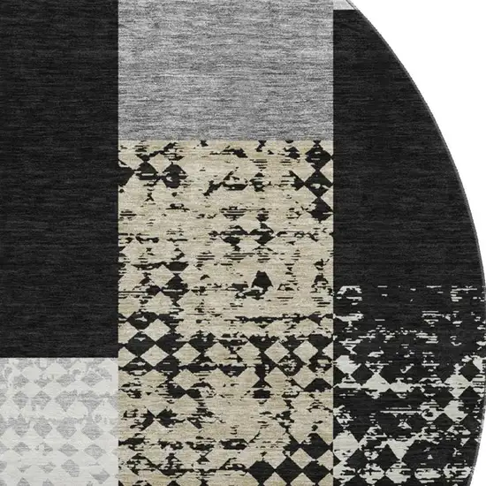 8' Black Ivory And Beige Geometric Washable Round Rug With UV Protection Photo 2
