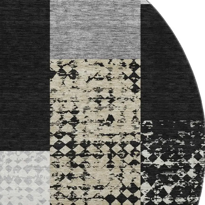 8' Black Ivory And Beige Geometric Washable Round Rug With UV Protection Photo 2