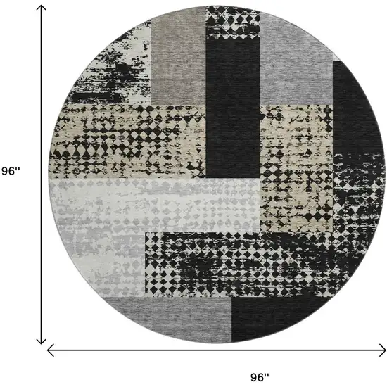 8' Black Ivory And Beige Geometric Washable Round Rug With UV Protection Photo 9