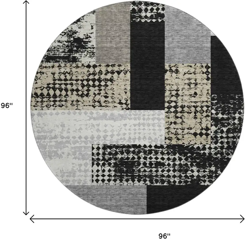 8' Black Ivory And Beige Geometric Washable Round Rug With UV Protection Photo 9