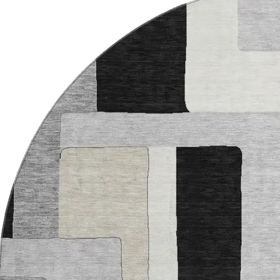 8' Black Ivory And Beige Geometric Washable Round Rug With UV Protection Photo 3