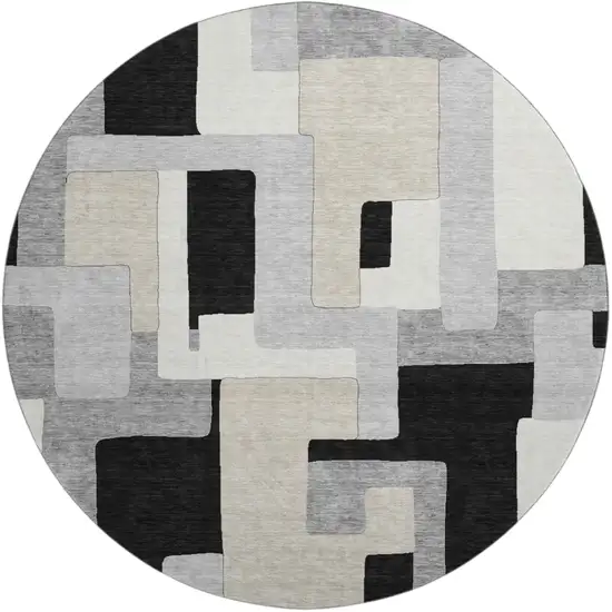 8' Black Ivory And Beige Geometric Washable Round Rug With UV Protection Photo 2
