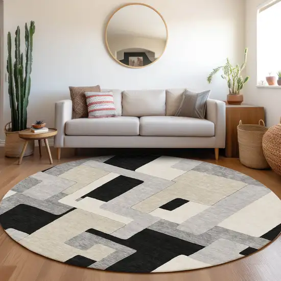 8' Black Ivory And Beige Geometric Washable Round Rug With UV Protection Photo 4