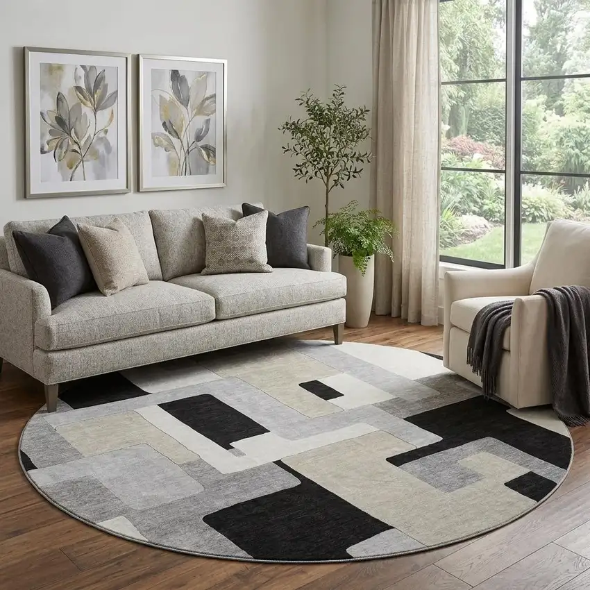 8' Black Ivory And Beige Geometric Washable Round Rug With UV Protection Photo 1