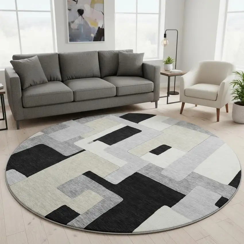 8' Black Ivory And Beige Geometric Washable Round Rug With UV Protection Photo 2
