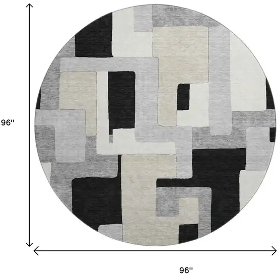 8' Black Ivory And Beige Geometric Washable Round Rug With UV Protection Photo 9