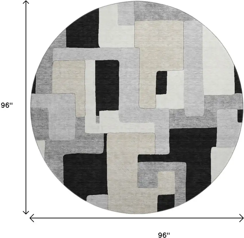 8' Black Ivory And Beige Geometric Washable Round Rug With UV Protection Photo 9