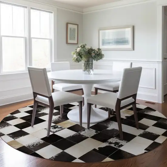 8' Black Ivory And Beige Patchwork Washable Round Rug With UV Protection Photo 5