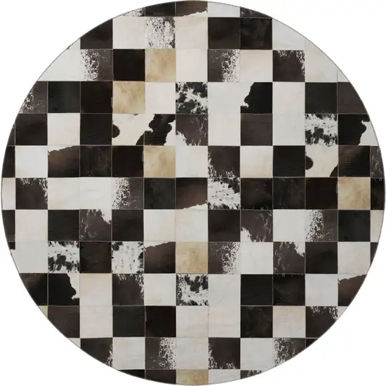 8' Black Ivory And Beige Patchwork Washable Round Rug With UV Protection Photo 4